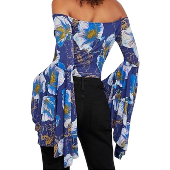We The Free Blue and Yellow Floral Print Flutter Sleeve Fairy Top Size M - Picture 3 of 10